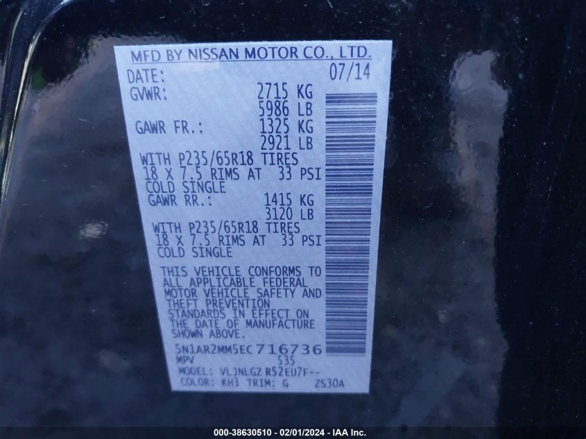 2014 NISSAN PATHFINDER SL - 5N1AR2MM5EC716736