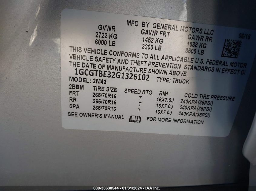 2016 CHEVROLET COLORADO WT - 1GCGTBE32G1326102