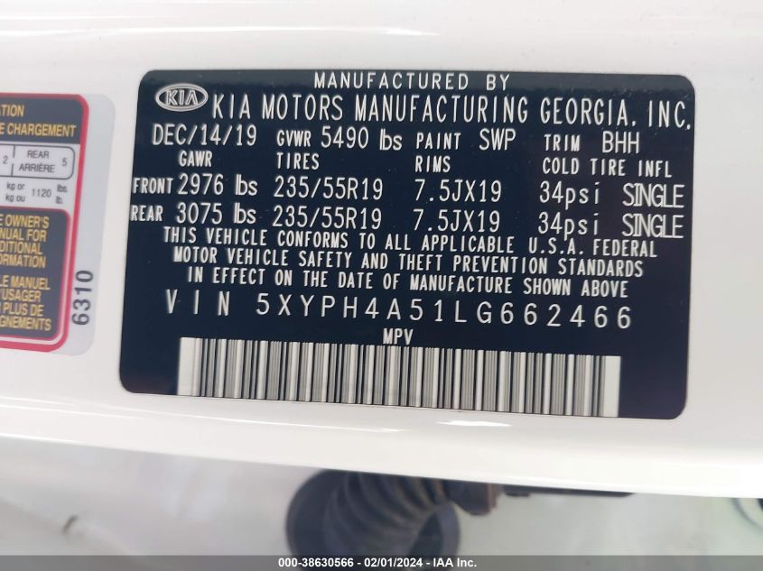 2020 KIA SORENTO 3.3L EX - 5XYPH4A51LG662466
