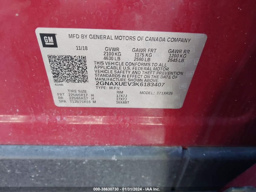 2019 CHEVROLET EQUINOX LT - 2GNAXUEV3K6183407