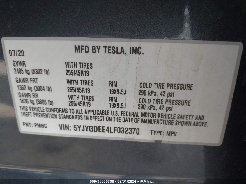 2020 TESLA MODEL Y - 5YJYGDEE4LF032370