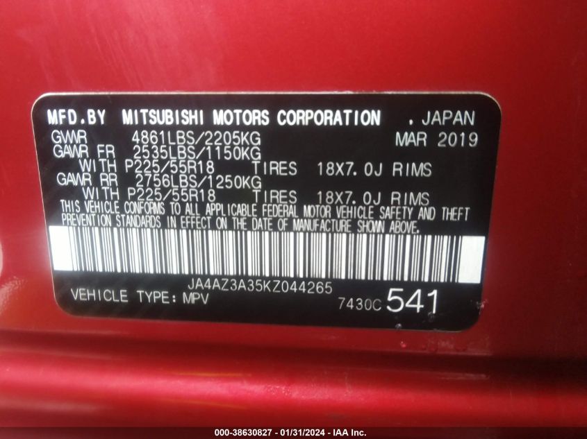 2019 MITSUBISHI OUTLANDER SE/SEL/LE - JA4AZ3A35KZ044265