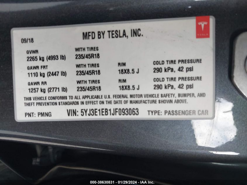 2018 TESLA MODEL 3 LONG RANGE/PERFORMANCE - 5YJ3E1EB1JF093063