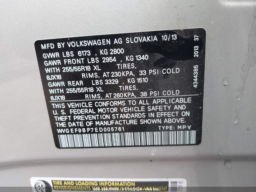 2014 VOLKSWAGEN TOUAREG 3.6L SPORT - WVGEF9BP7ED005761