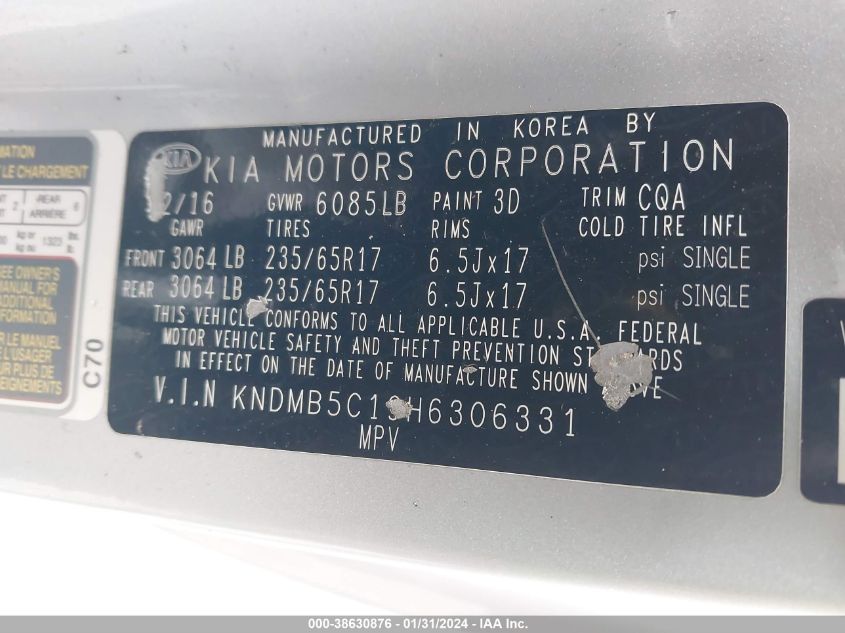 2017 KIA SEDONA LX - KNDMB5C19H6306331