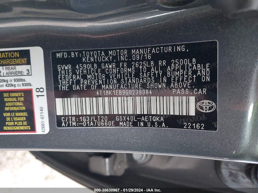 2016 TOYOTA AVALON TOURING - 4T1BK1EB9GU239984