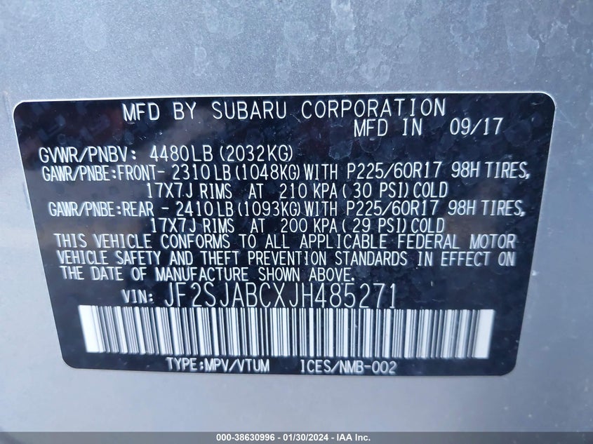 VIN JF2SJABCXJH485271 2018 SUBARU FORESTER 2.5I