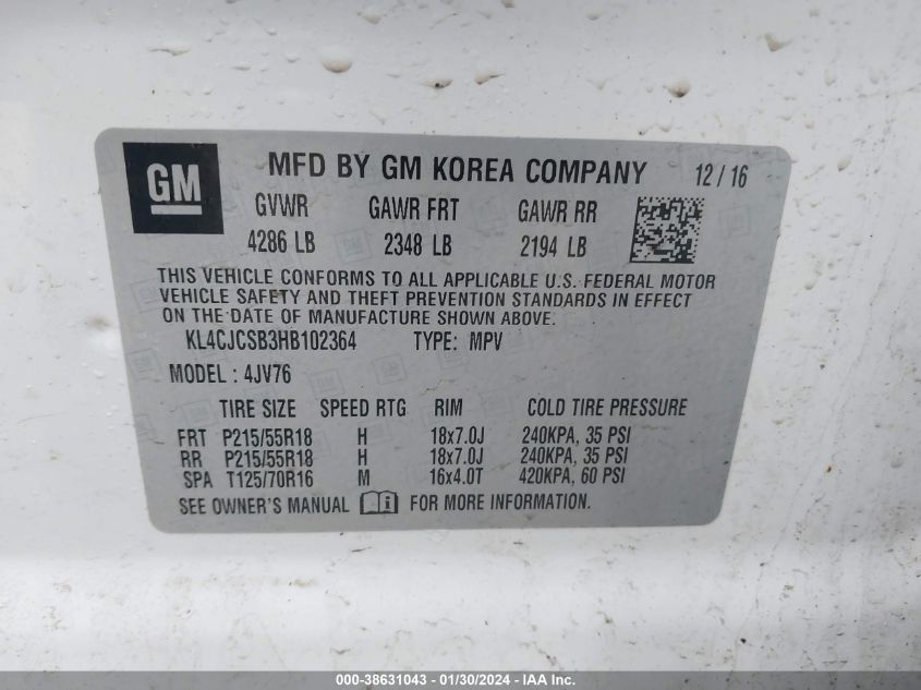 2017 BUICK ENCORE ESSENCE - KL4CJCSB3HB102364