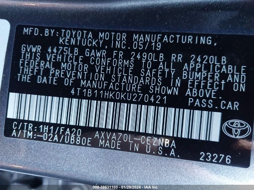 2019 TOYOTA CAMRY LE - 4T1B11HK0KU270421