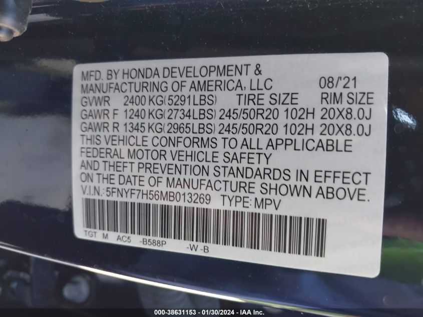 2021 HONDA PASSPORT 2WD EX-L - 5FNYF7H56MB013269