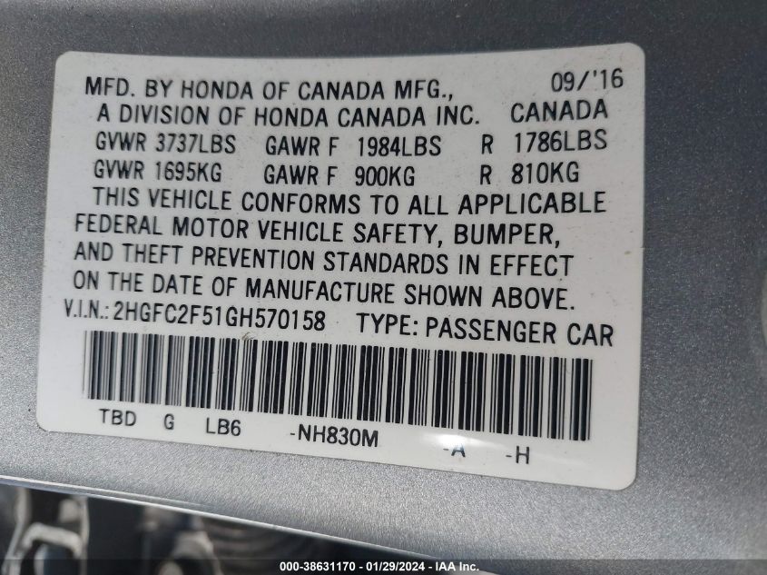 2016 HONDA CIVIC LX - 2HGFC2F51GH570158