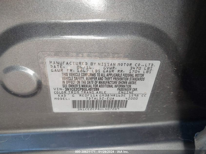 2016 NISSAN VERSA NOTE S (SR)/S PLUS/SL/SR/SV - 3N1CE2CP8GL407289
