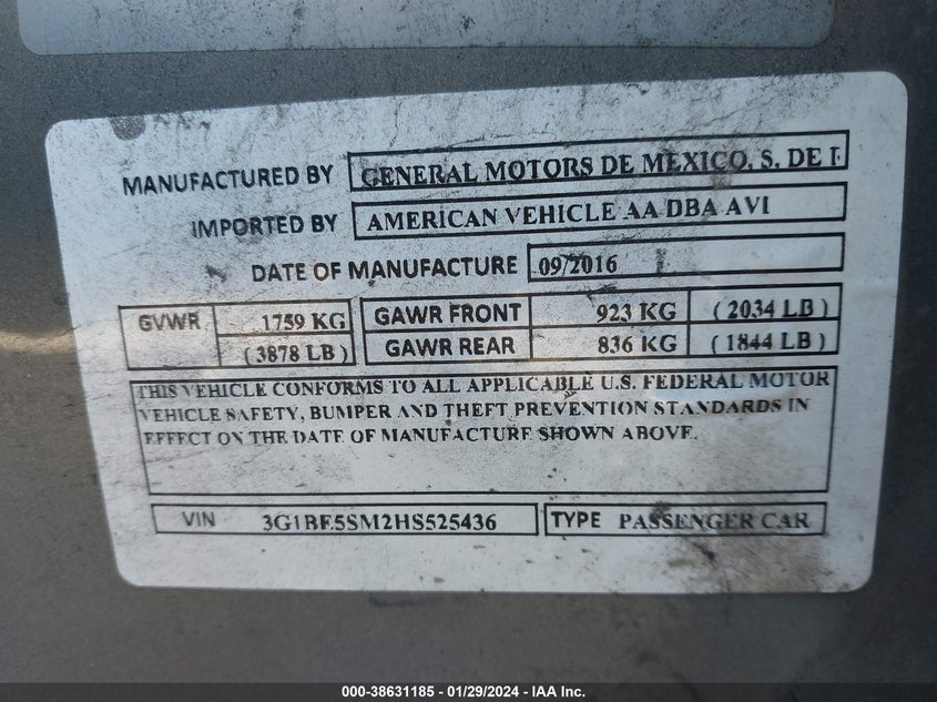 VIN 3G1BE5SM2HS525436 2017 CHEVROLET CRUZE LT AUTO