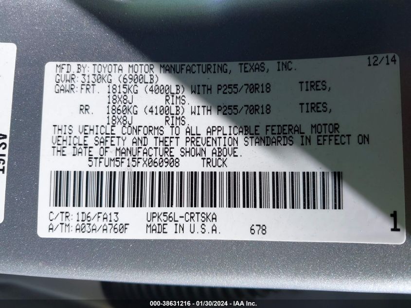 2015 TOYOTA TUNDRA SR 4.6L V8 - 5TFUM5F15FX060908