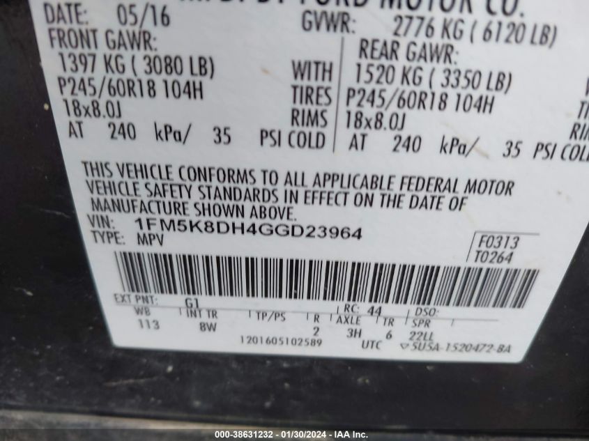 2016 FORD EXPLORER XLT - 1FM5K8DH4GGD23964