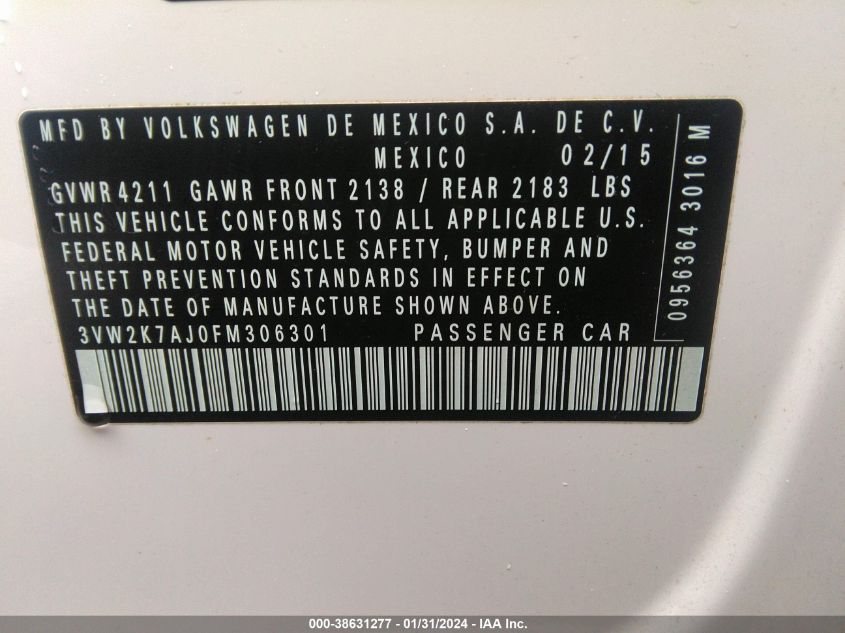 2015 VOLKSWAGEN JETTA 2.0L S - 3VW2K7AJ0FM306301