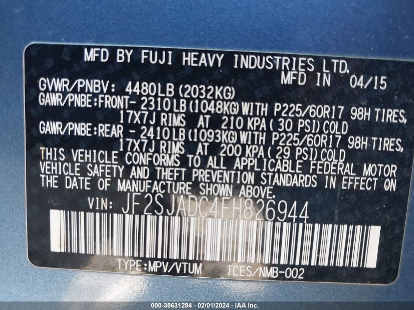 2015 SUBARU FORESTER 2.5I PREMIUM - JF2SJADC4FH826944