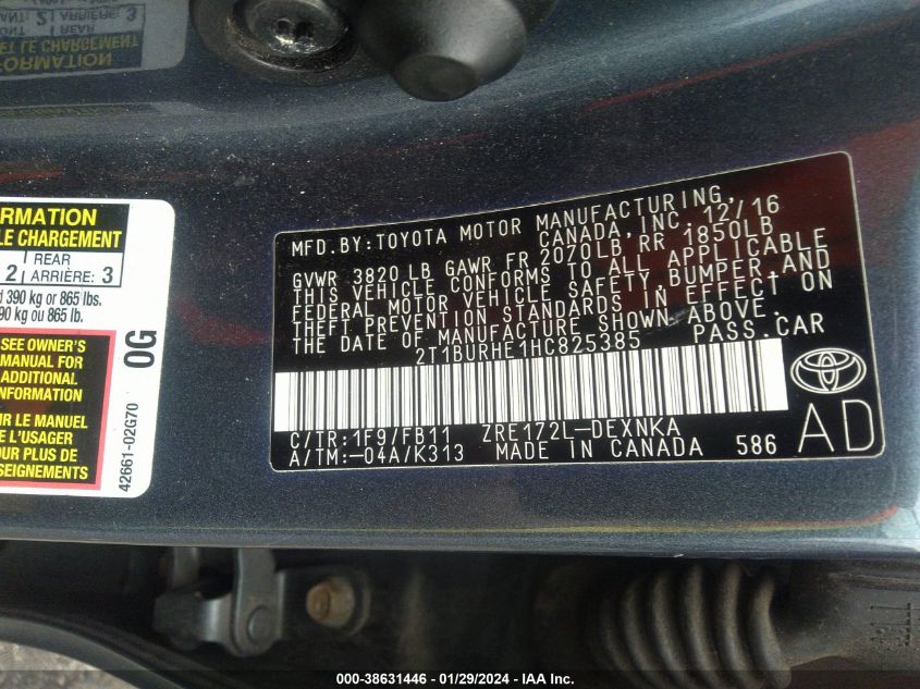 2017 TOYOTA COROLLA LE - 2T1BURHE1HC825385