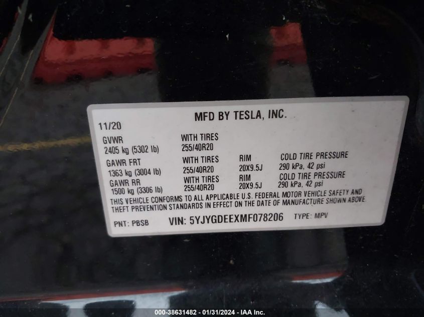 2021 TESLA MODEL Y LONG RANGE DUAL MOTOR ALL-WHEEL DRIVE - 5YJYGDEEXMF078206