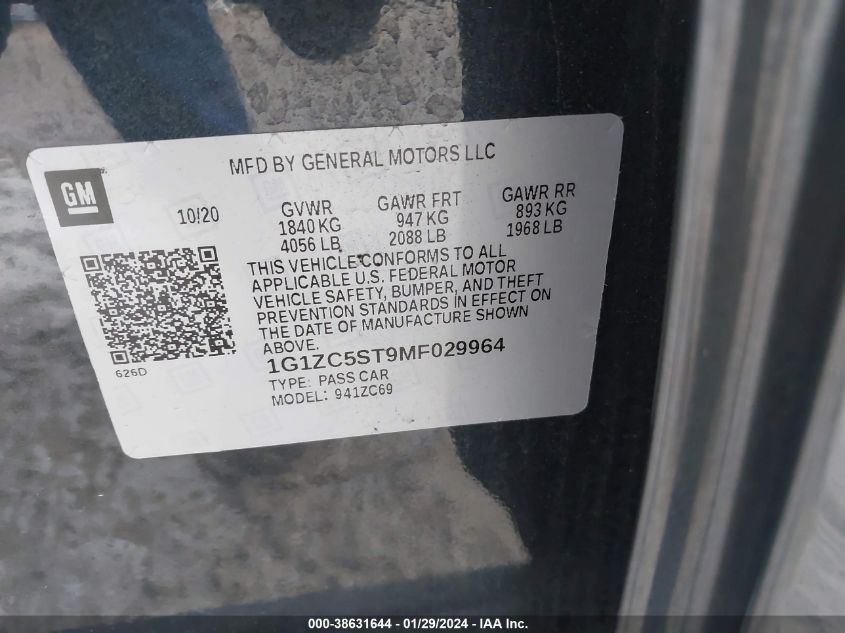2021 CHEVROLET MALIBU FWD 1FL - 1G1ZC5ST9MF029964