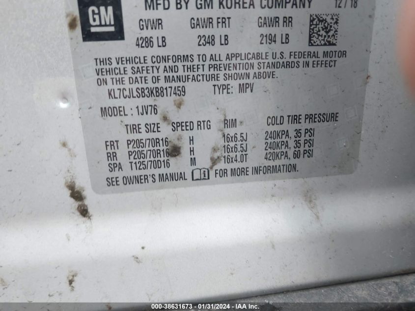 2019 CHEVROLET TRAX 1LT - KL7CJLSB3KB817459