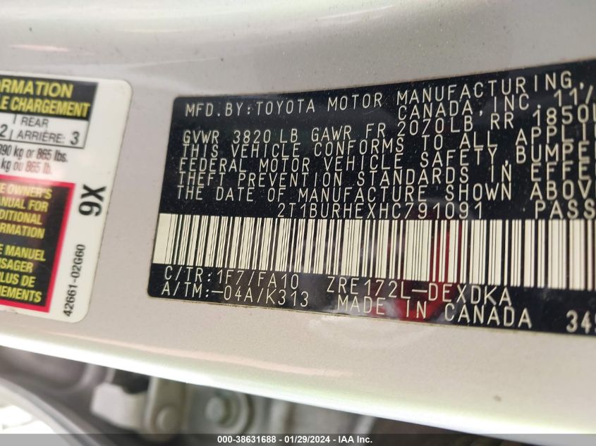 2017 TOYOTA COROLLA L - 2T1BURHEXHC791091