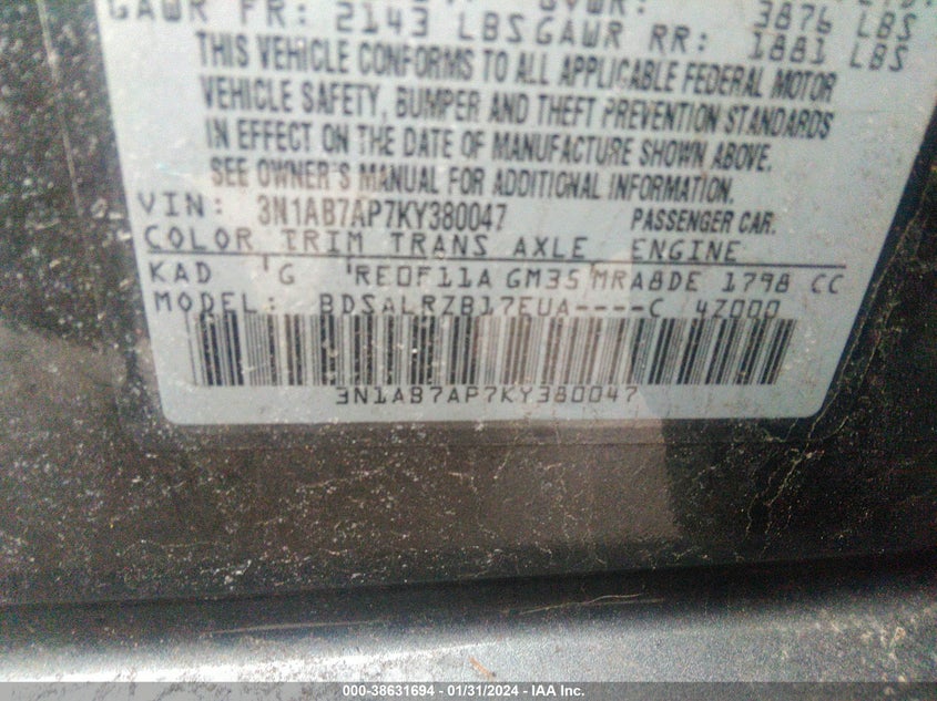 VIN 3N1AB7AP7KY380047 2019 NISSAN SENTRA SR