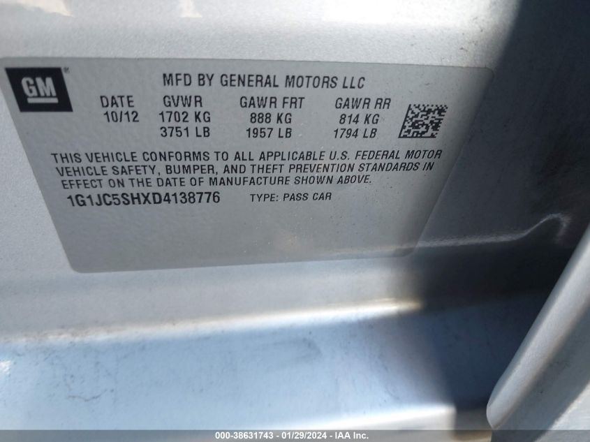 2013 CHEVROLET SONIC LT AUTO - 1G1JC5SHXD4138776