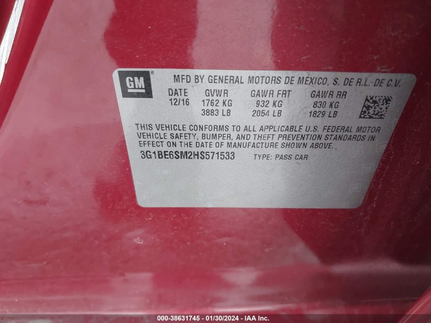 2017 CHEVROLET CRUZE LT AUTO - 3G1BE6SM2HS571533