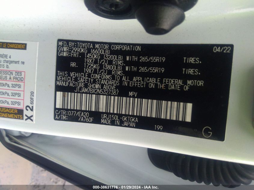 2022 LEXUS 460 PREMIUM JTJAM7BX2N5327387