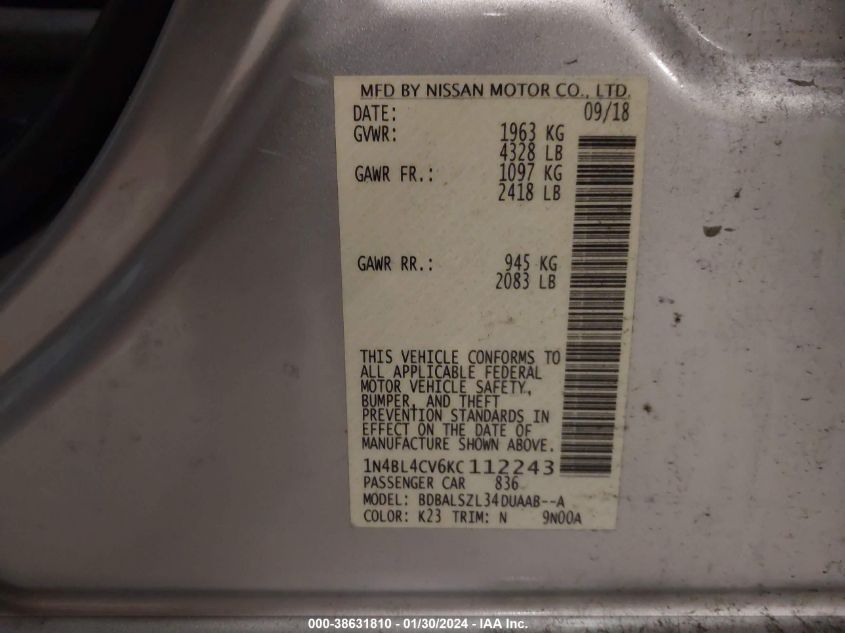 2019 NISSAN ALTIMA 2.5 SR - 1N4BL4CV6KC112243