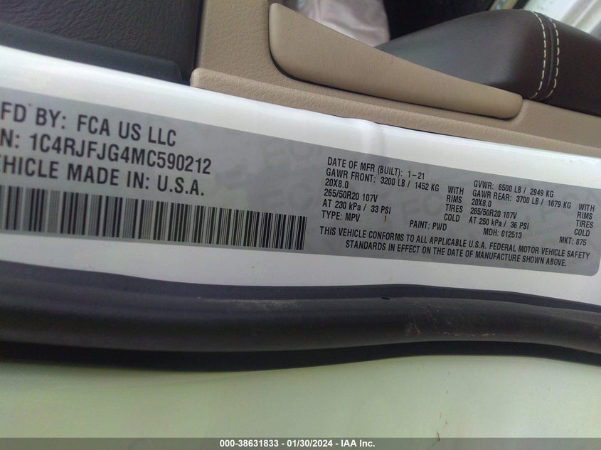 VIN 1C4RJFJG4MC590212 2021 JEEP GRAND CHEROKEE SUMMIT