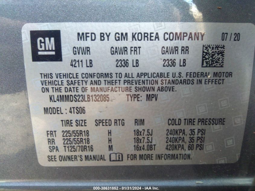 2020 BUICK ENCORE GX SELECT - KL4MMDS23LB132085