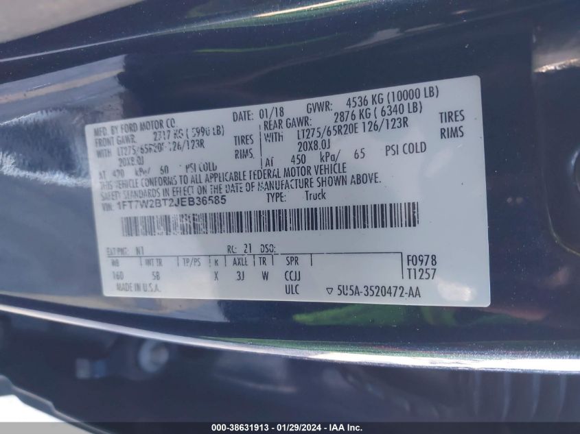 2018 FORD F-250 LARIAT - 1FT7W2BT2JEB36585