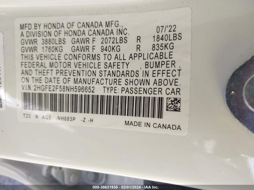 2022 HONDA CIVIC SPORT - 2HGFE2F58NH596652