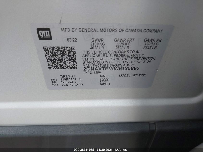 2022 CHEVROLET EQUINOX LT - 2GNAXTEV0N6135880