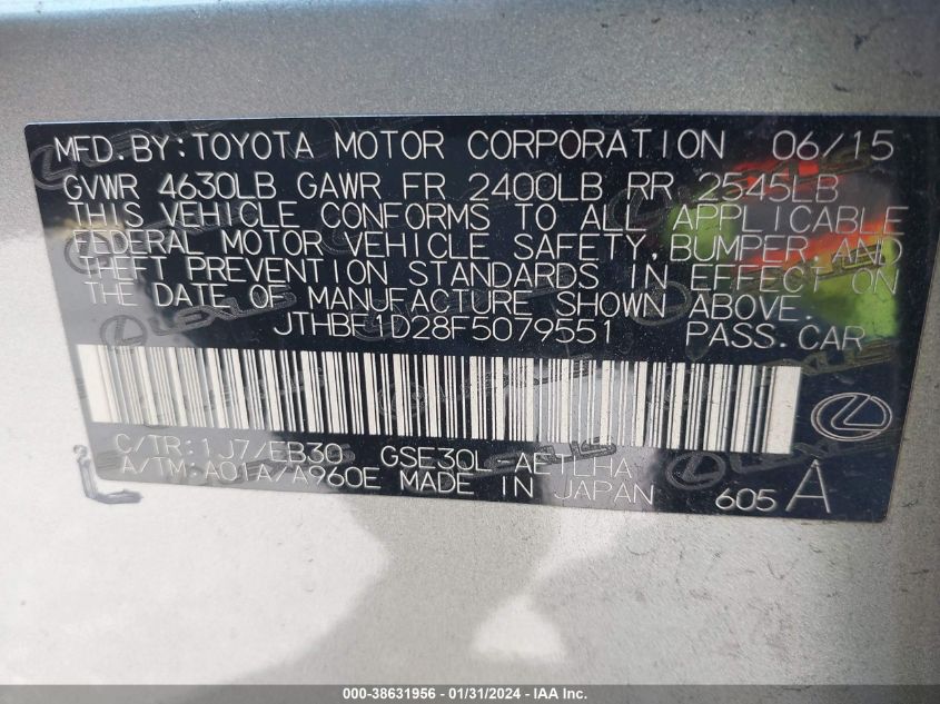 2015 LEXUS IS 250 - JTHBF1D28F5079551
