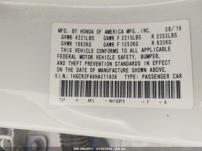 2017 HONDA ACCORD EXL - 1HGCR2F86HA071836