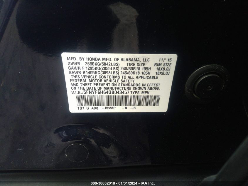 2016 HONDA PILOT EX-L - 5FNYF6H64GB043457