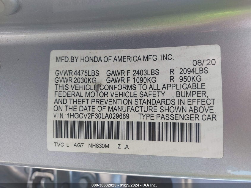 VIN 1HGCV2F30LA029669 2020 HONDA ACCORD SPORT 2.0T