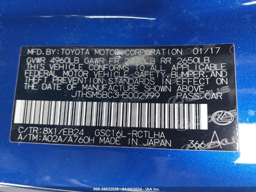 2017 LEXUS RC 300 300 - JTHSM5BC3H5002999