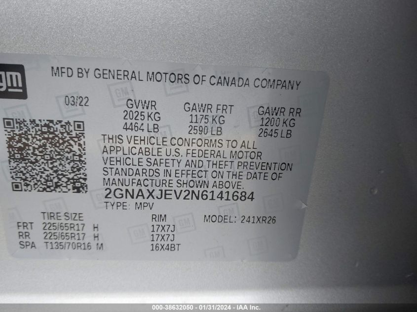 2022 CHEVROLET EQUINOX LT - 2GNAXJEV2N6141684