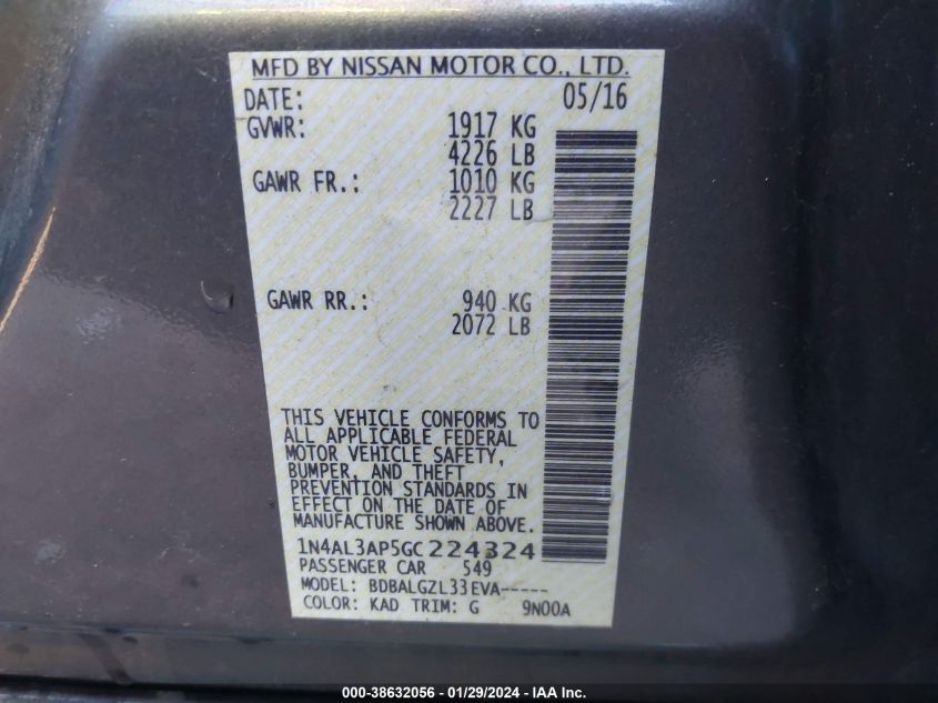 2016 NISSAN ALTIMA 2.5/2.5 S/2.5 SL/2.5 SR/2.5 SV - 1N4AL3AP5GC224324