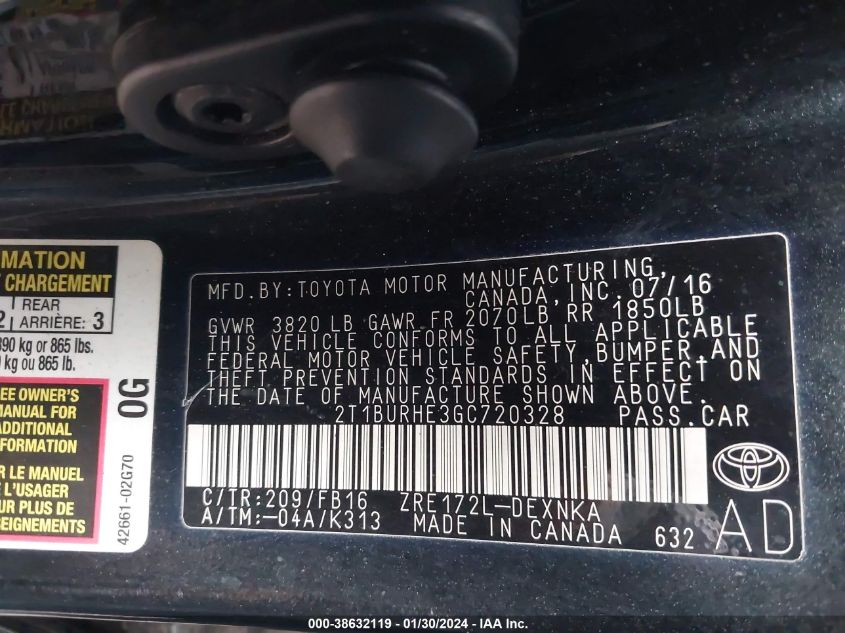 2016 TOYOTA COROLLA L/LE/LE PLS/PRM/S/S PLS - 2T1BURHE3GC720328
