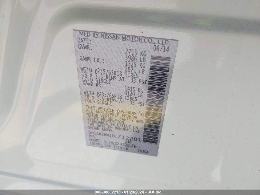2014 NISSAN PATHFINDER SL - 5N1AR2MM1EC712201