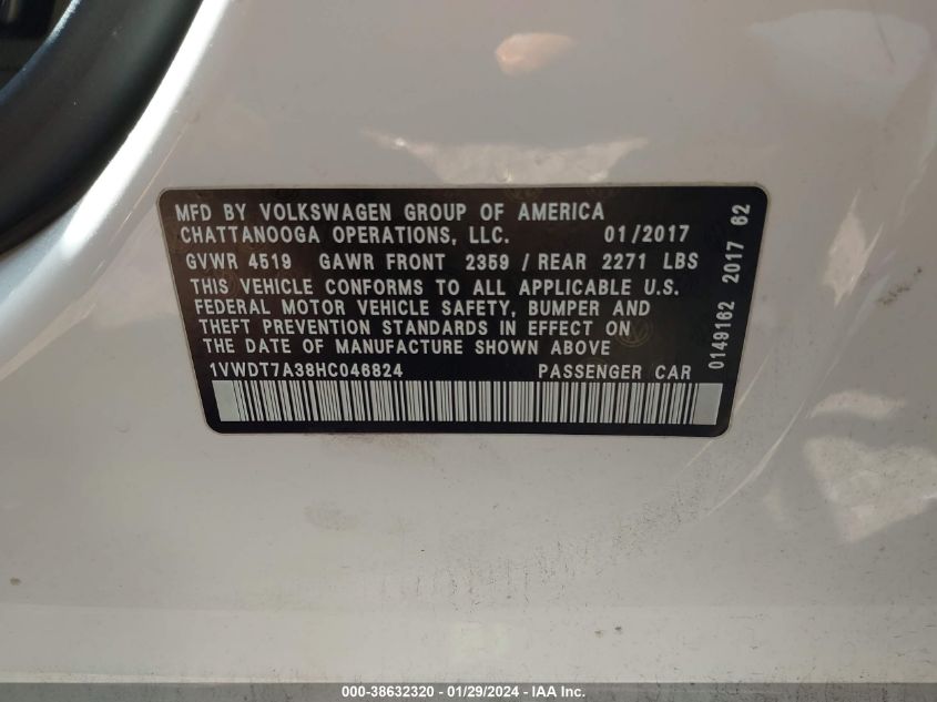 2017 VOLKSWAGEN PASSAT 1.8T R-LINE - 1VWDT7A38HC046824