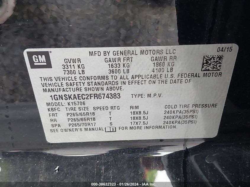 2015 CHEVROLET TAHOE LS - 1GNSKAEC2FR674383