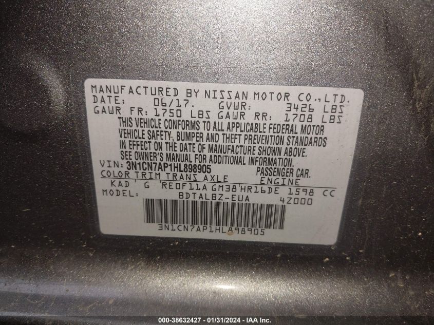 2017 NISSAN VERSA S/S PLUS/SV/SL - 3N1CN7AP1HL898905