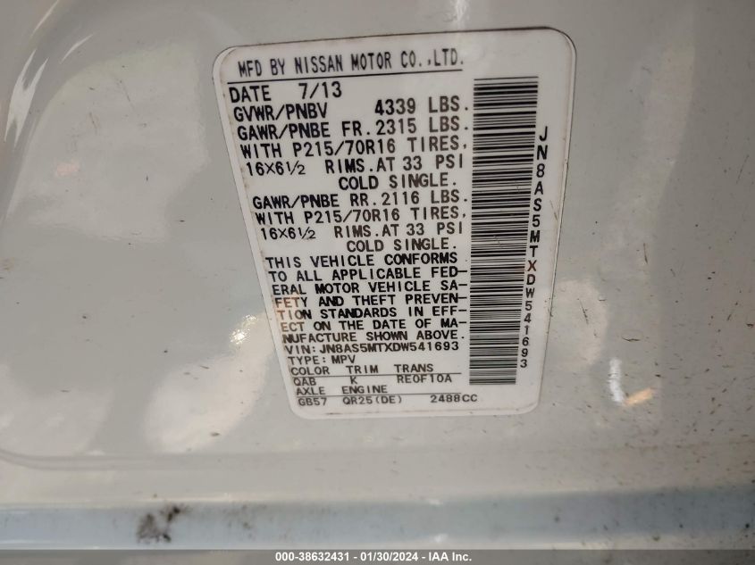 2013 NISSAN ROGUE S - JN8AS5MTXDW541693