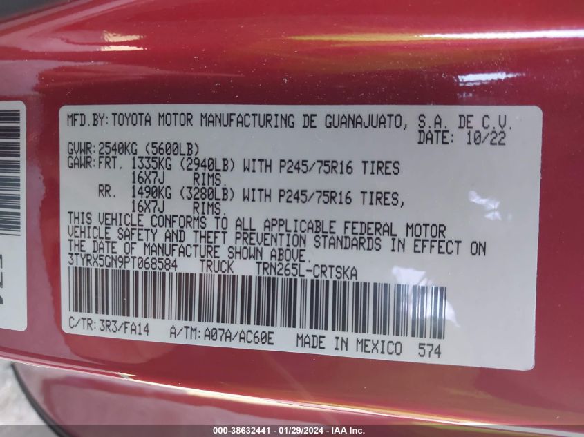 2023 TOYOTA TACOMA SR - 3TYRX5GN9PT068584